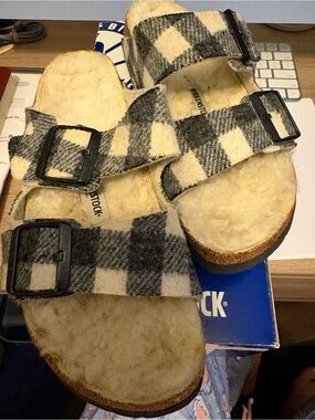 Birkenstock Ladies Black & Cream Check Shearling Double-Strap Sandals